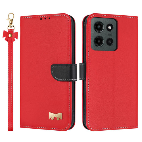 Moto G 2025 Metal Bow Leather Phone Case with Hand Strap - Red